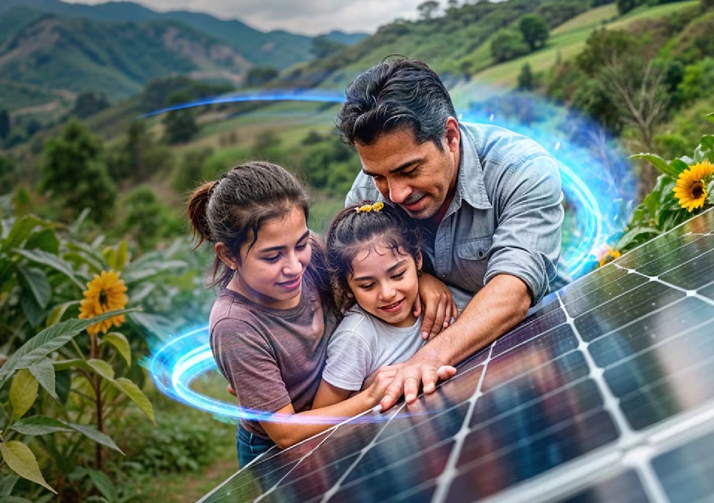 Familia con un panel de energía solar y sostenible Colgas